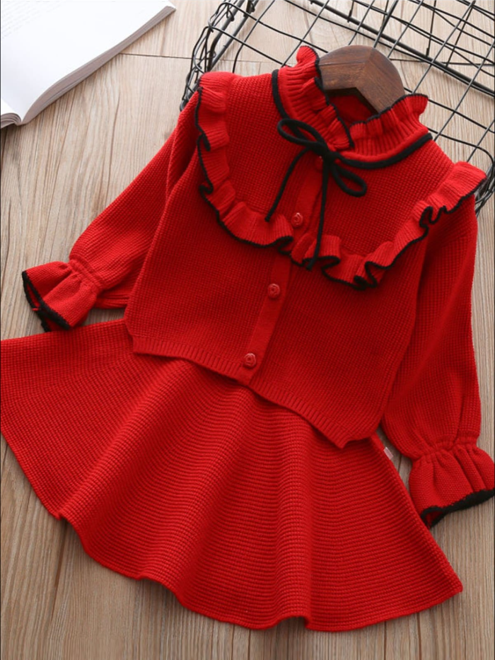 Girls Preppy Button Up Bow Tie Collar Sweater With Ruffle Trim Detail And Matching Skirt Set
