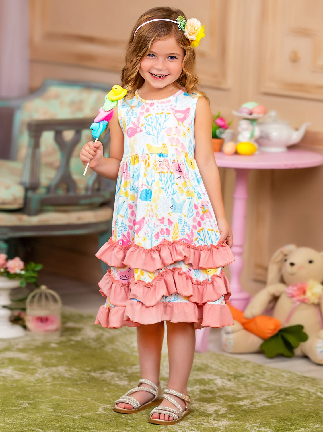 Casual dress features a tiered ruffled hem and a print that features animals (rabbits and chickens), florals, and leaves