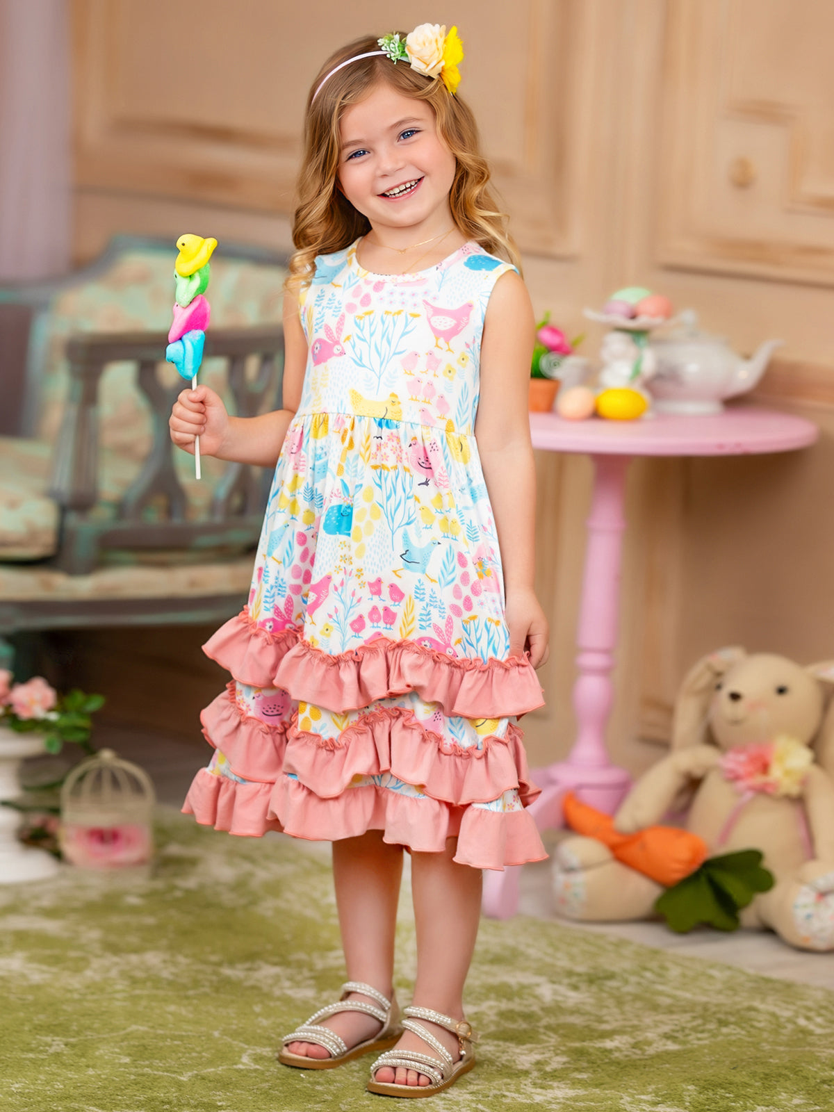 Casual dress features a tiered ruffled hem and a print that features animals (rabbits and chickens), florals, and leaves