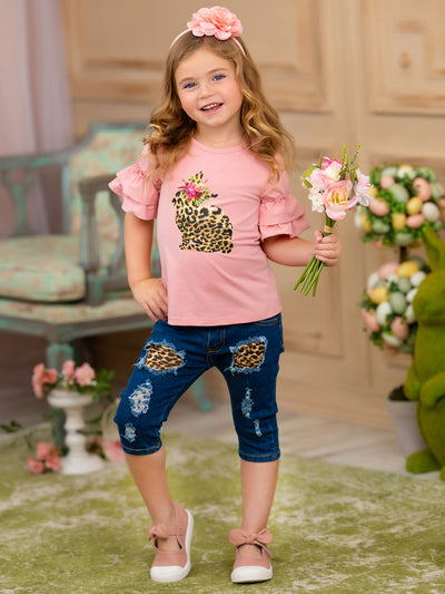 Girls Easter-themed set features a ruffled sleeve top with a leopard print bunny graphic and patched denim capris with a leopard print sash belt for 2T to 10Y toddlers and girls