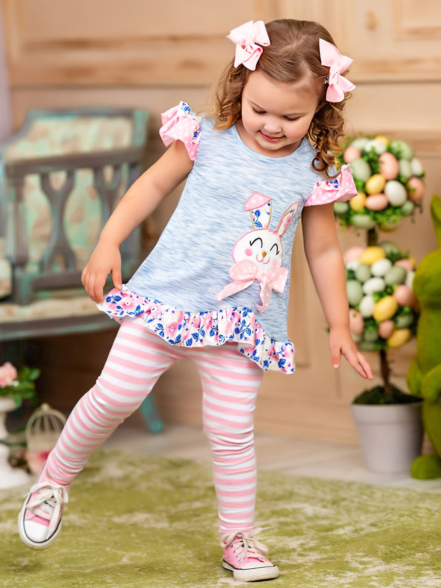 Mia Belle Girls Bunny Top and Striped Legging Set | Easter Casual Set