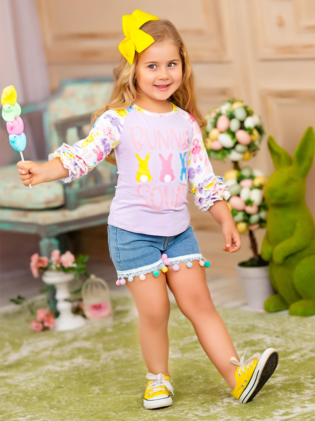 Top features a "Bunny Squad" graphic with bunny print raglan ruffle sleeves - Girls Spring Top