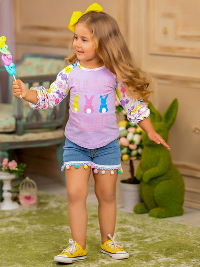 Top features a "Bunny Squad" graphic with bunny print raglan ruffle sleeves - Girls Spring Top