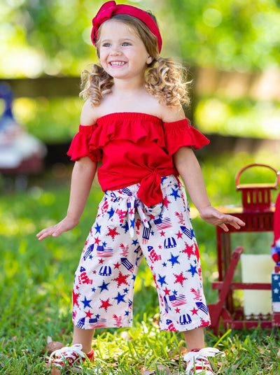 Kids 4th of July Outfits | Girls Red Ruffle Top & Patriotic Pants Set