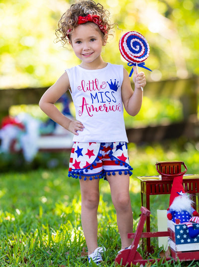 Girls Fourth of July Themed Printed Top & Overlay Pom Pom Shorts Set - White / XS-2T - Girls 4th of July Set