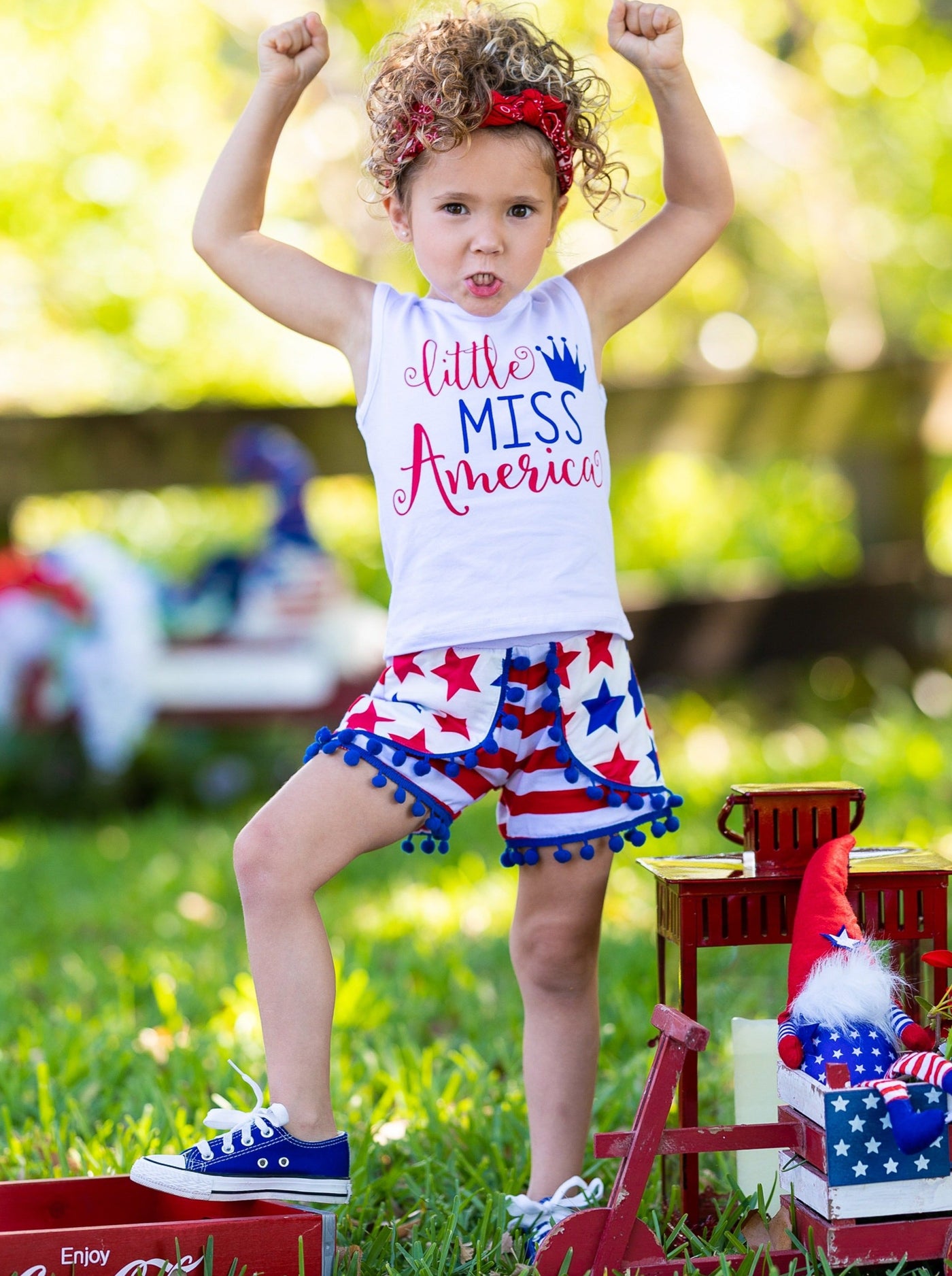 Girls Fourth of July Themed Printed Top & Overlay Pom Pom Shorts Set - White / XS-2T - Girls 4th of July Set