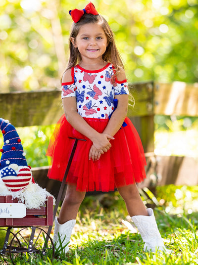 Girls 4th of July Themed Cold Shoulder Tutu Dress with Bow - Blue / 2T - Girls 4th of July Dress