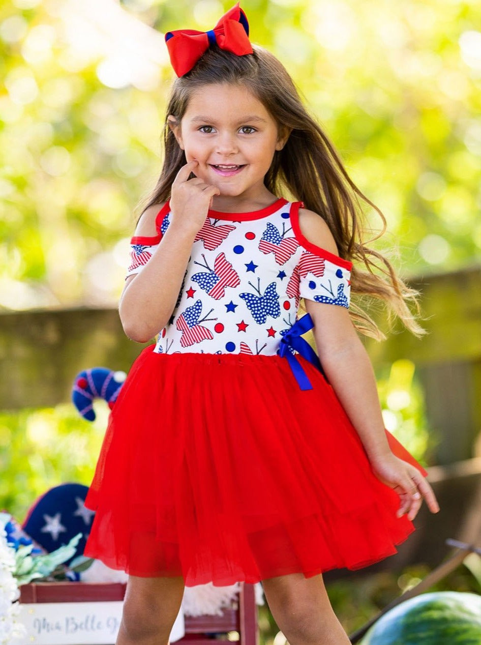 Girls 4th of July Themed Cold Shoulder Tutu Dress with Bow - Blue / 2T - Girls 4th of July Dress