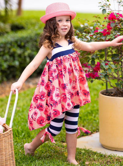 Cute Toddler Outfit | Girls Striped Roses Hi-Lo Tunic & Legging Set