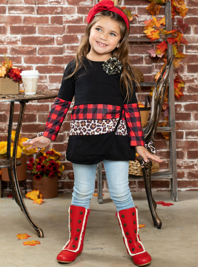 Girls Fall Clothes | Plaid Leopard Colorblock Tunic | Mia Belle Girls