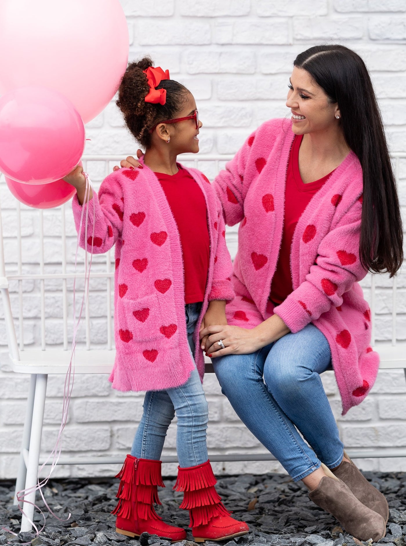 Mommy & Me Matching Sweaters | Heart Print Pink Oversized Cardigans