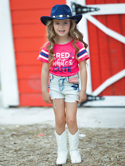 Girls Red, White, And Cute Top And Denim Shorts Set | 4th of July