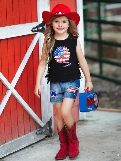 Girls 4th of July Sets | US Flag Flower Fringed Top & Denim Shorts Set
