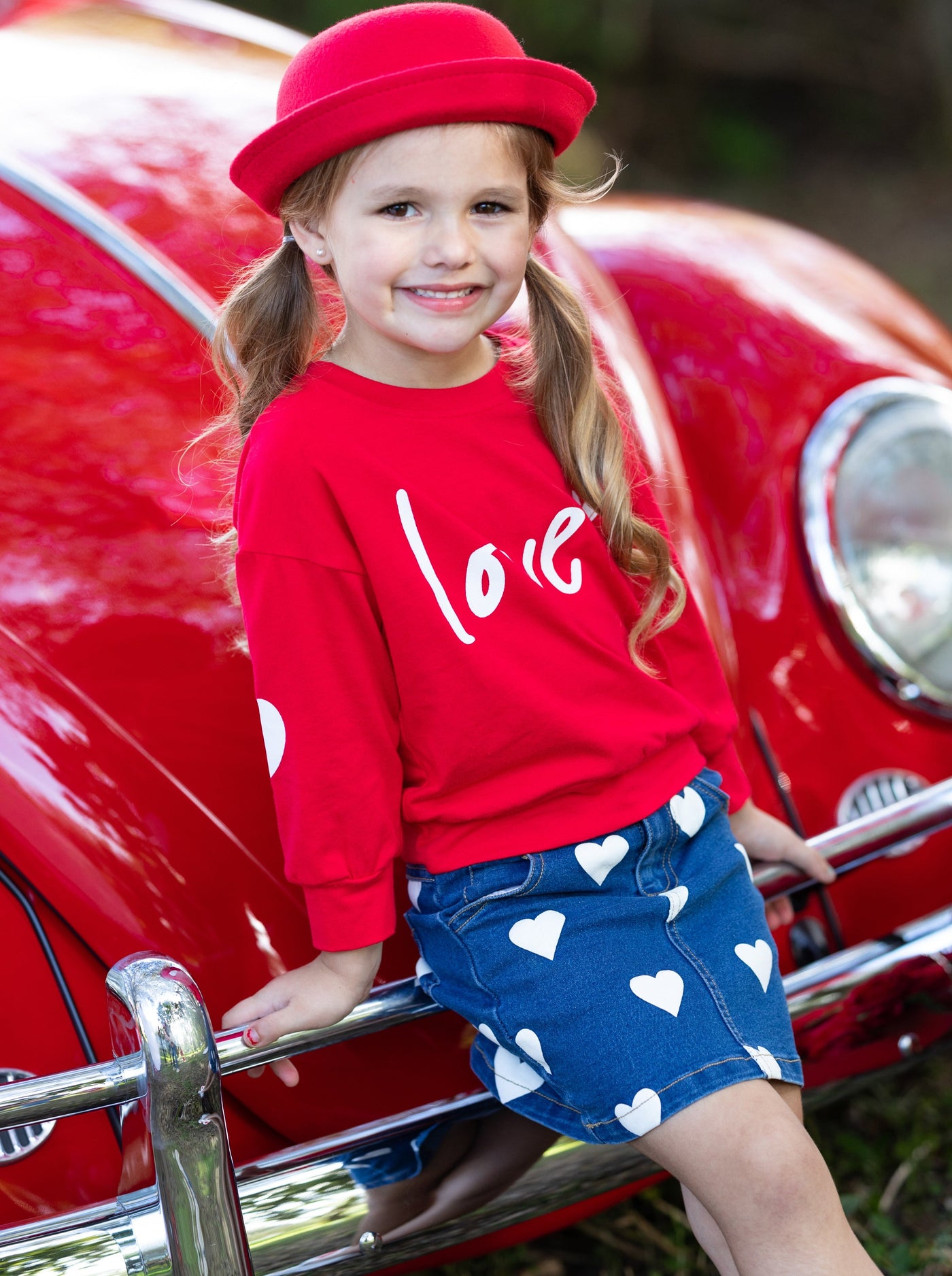 Toddler Valentine's Outfits | Love Pullover Sweater & Denim Skirt Set