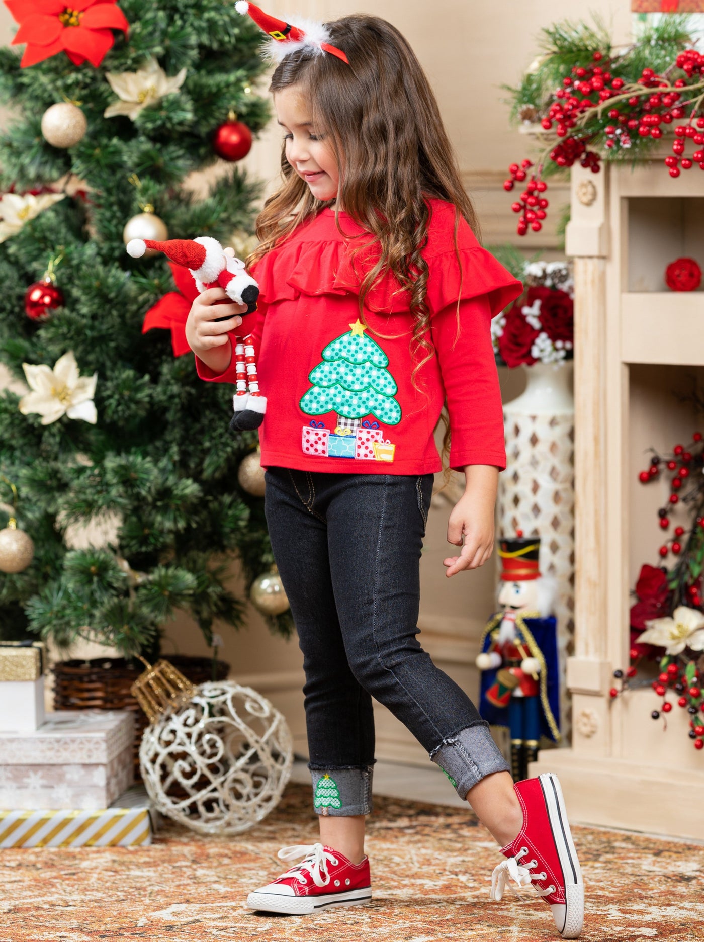 Girls Christmas Ruffle Bib Top & Cuffed Jeans Set | Winter Outfits