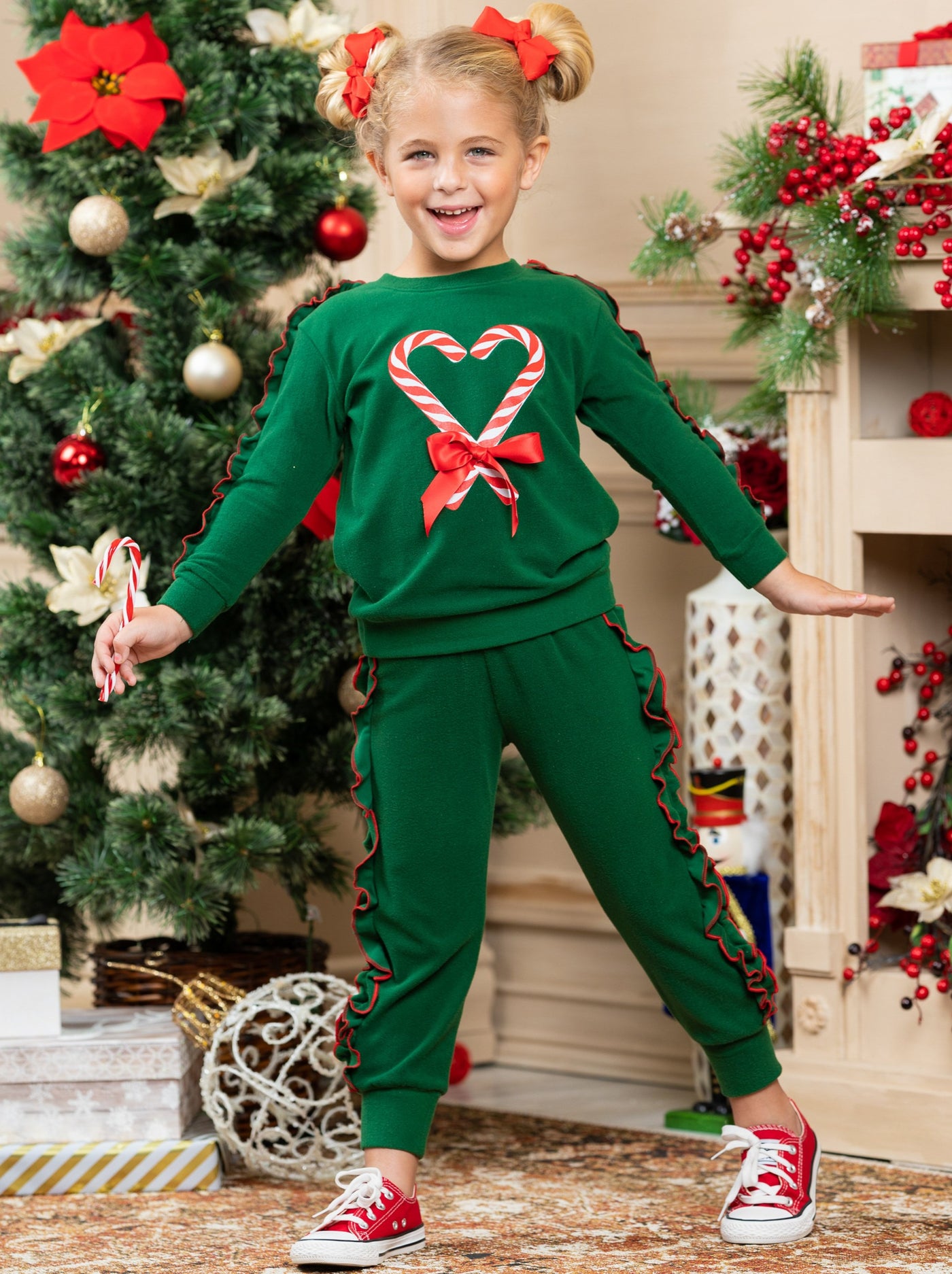 Toddler Christmas Clothes | Girls Candy Cane Heart Ruffled Jogger Set