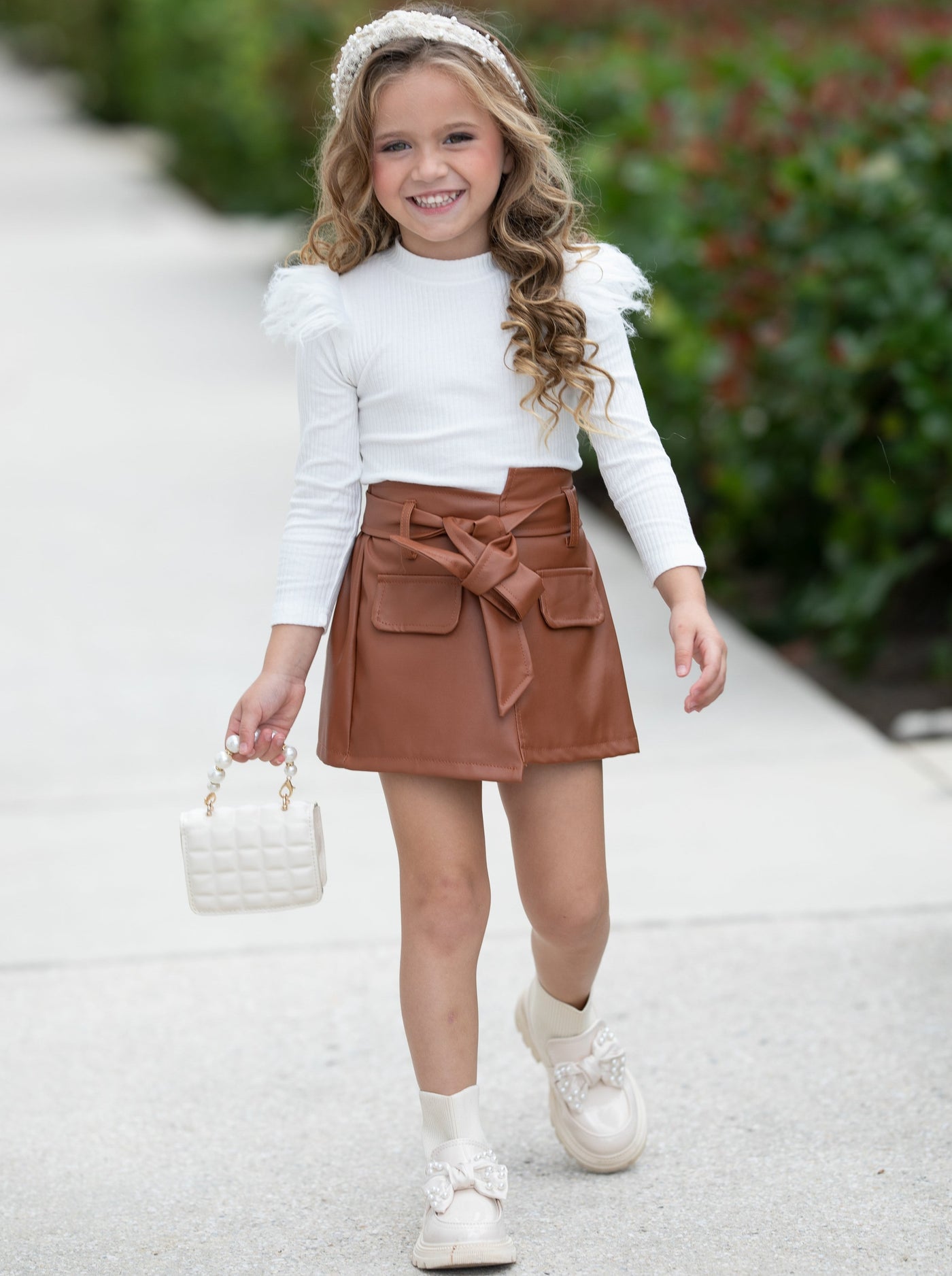 Toddler Girl Clothes Long Sleeves Knit Top Leather Skirt Set Fall Winter  Outfit 