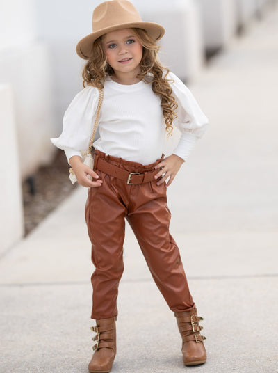 Toddler Everyday Fashion | Puff Sleeve Top & Vegan Leather Pants Set