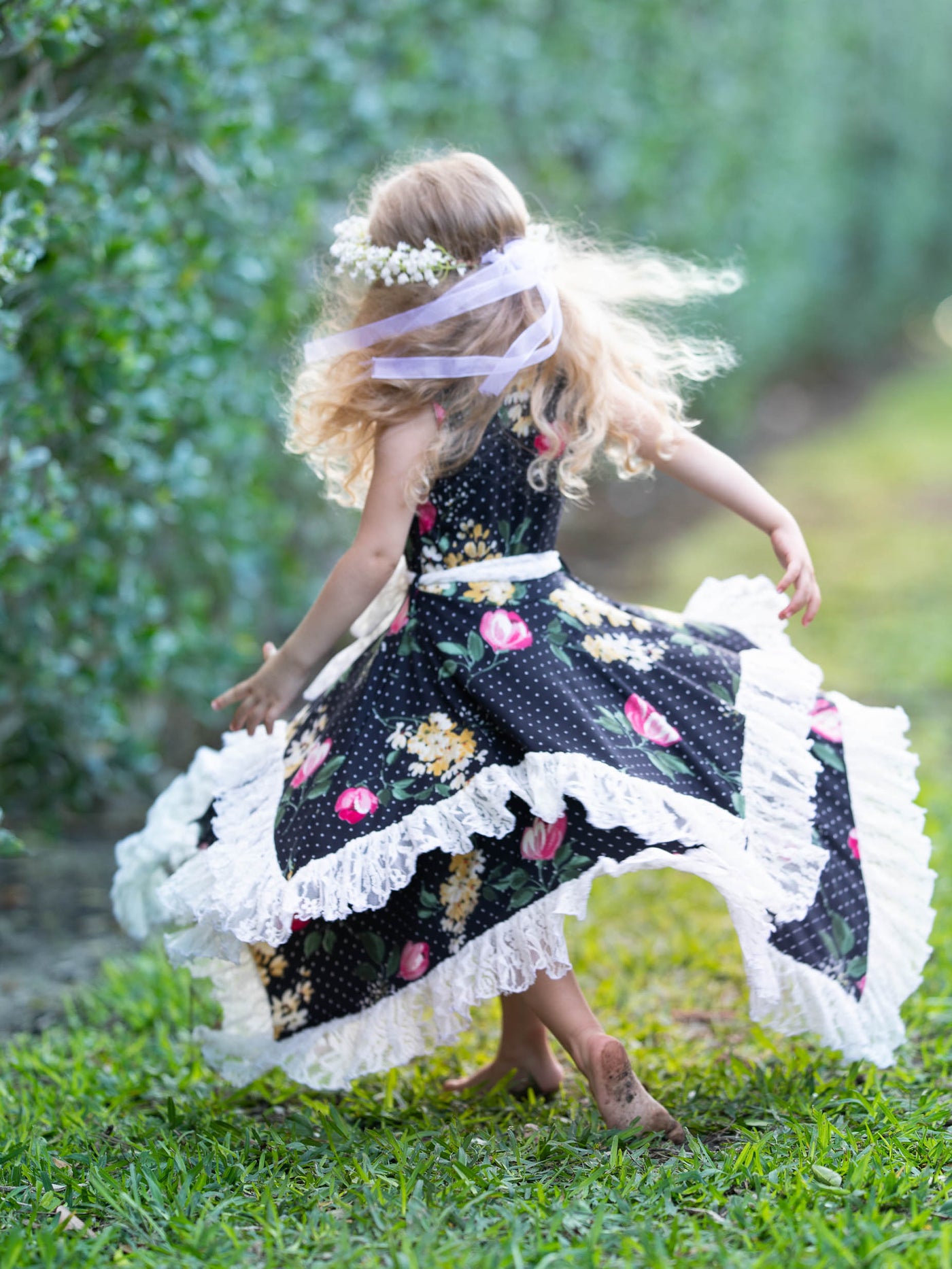 Girls Sleeveless Handkerchief Double Layer Ruffled Hem Dress with Flower Sash 2T-3T to 10Y/12Y black floral