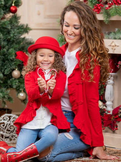 Mommy & Me Matching Red Ruffled Blazer Cardigan - Mia Belle Girls