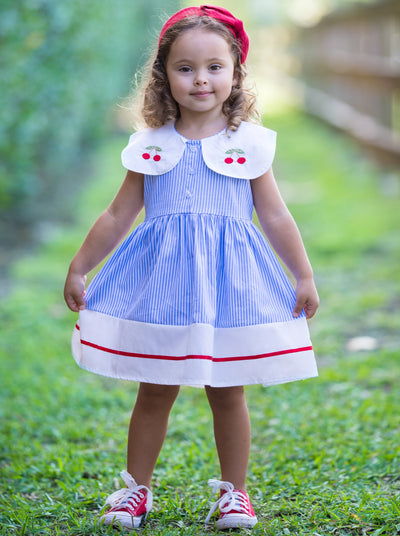 Toddler Spring Striped Cherry Collar A-Line Dress - Mia Belle Girls