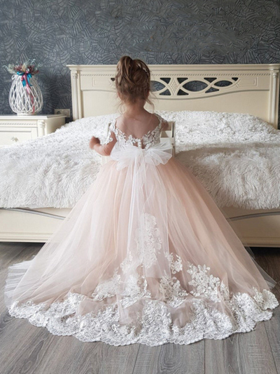 Girls Communion Dresses | Beige Open Back Lace Embellished Tulle Gown