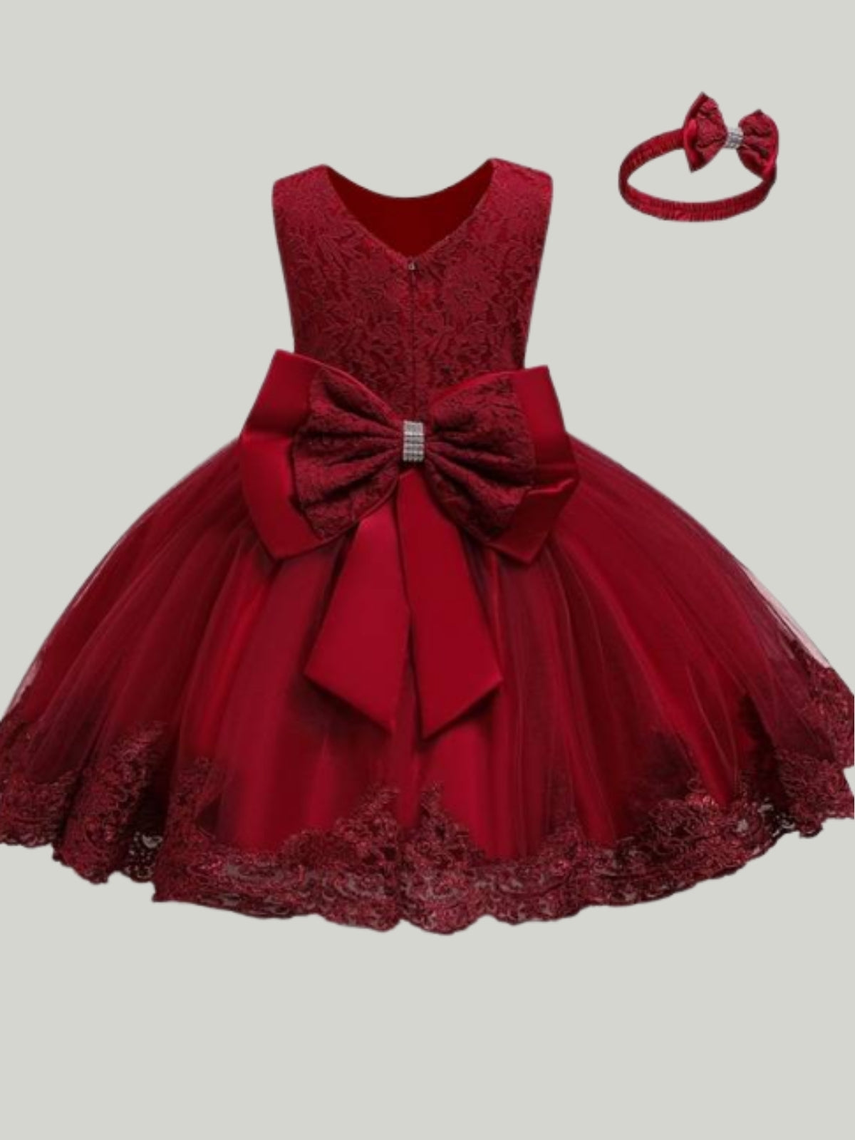 Baby Floral Lace Embroidered Beaded Dress with Bow-burgundy