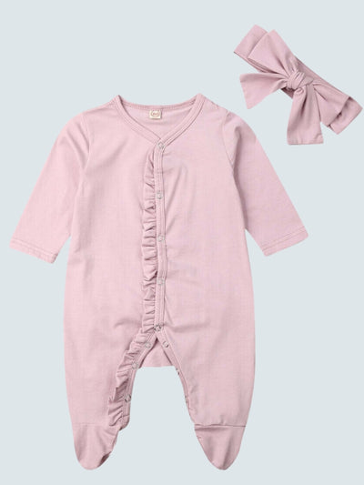 Baby Reay To Play Ruffle Jumpsuit Romper Onesie With Bow Headband Set