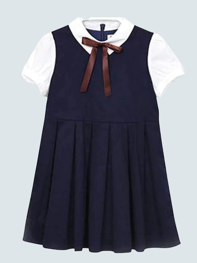 Girls Preppy Bow Tie Collar Pleated A-Line School Girl Uniform Dress