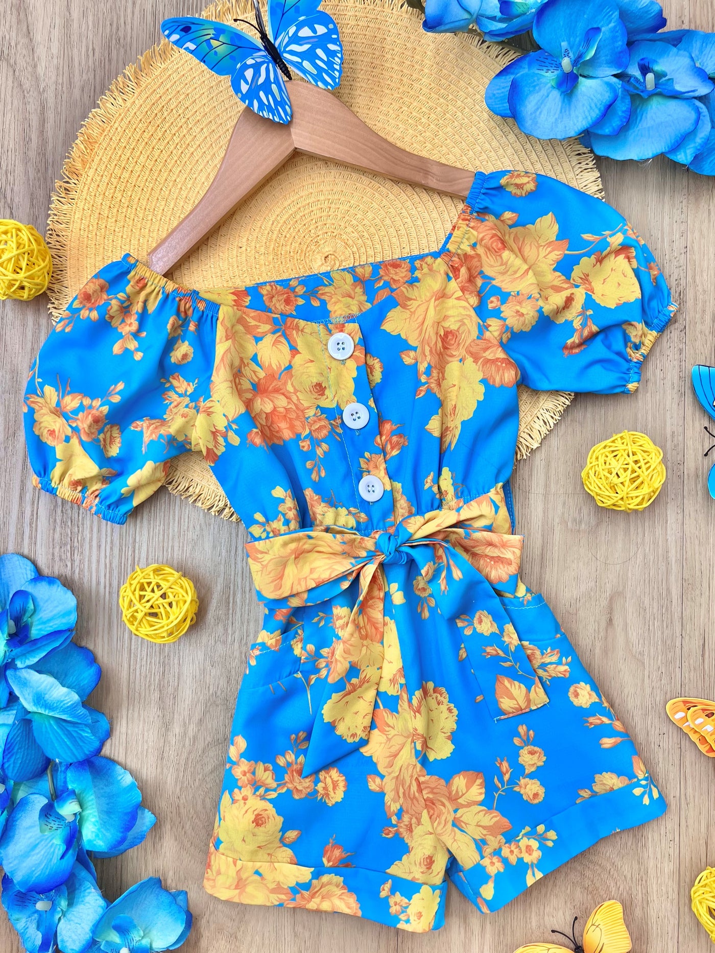 Girls Spring Floral Romper With Pockets - Mia Belle Girls