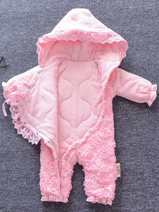 Baby Coming Up Roses Lace and Ruffle Hooded Jumpsuit with Booties - Pink