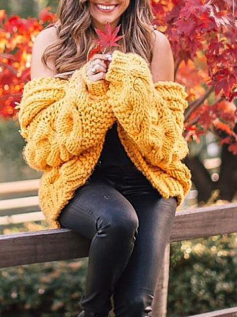 Women's Chills Begone Braid Knit Hooded Cardigan Yellow