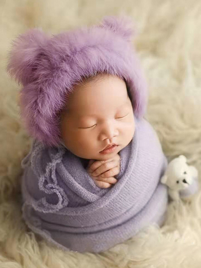 Baby set features a knitted shawl - wrap with a faux fur cap with ears and a little doll lilac