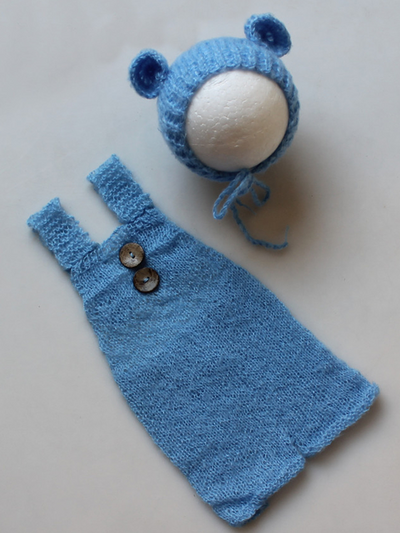 Babies Knitted onesie with cap with ears- blue