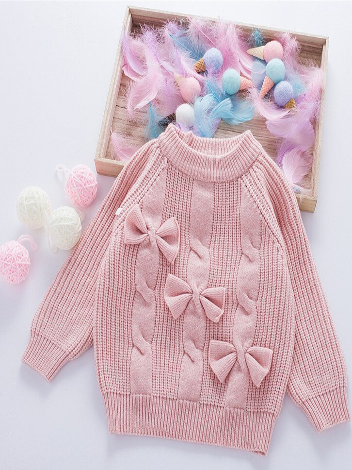 Baby Sweet Bow Tie Babe Braid Knit Sweater - Pink