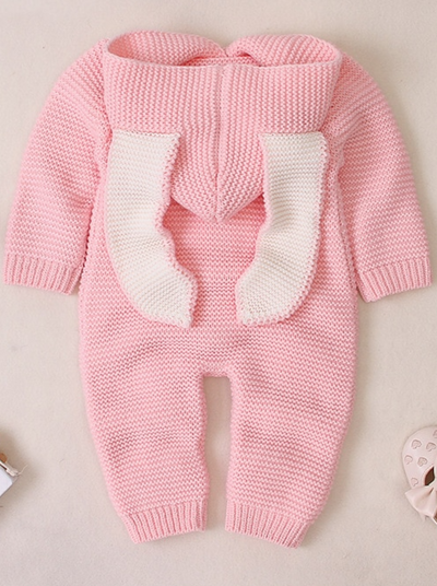 Baby Cute Bunny Cardigan Knit Hooded Romper Onesie Pink