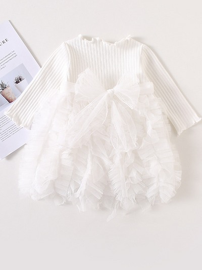 Baby Spring sweater dress features long sleeves with a ruffled tulle skirt and front bow