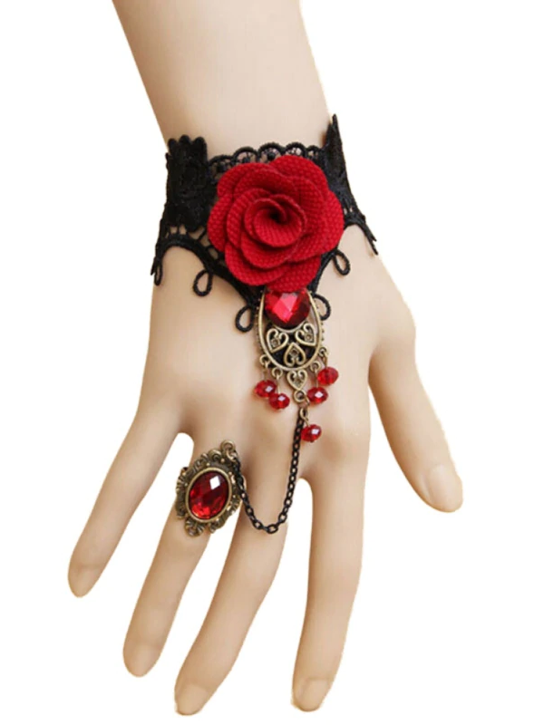 Halloween Accessory | Women's Rose Lace Gem Finger Bracelet - Mia Belle Girls