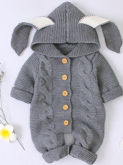 Baby Cute Bunny Cardigan Knit Hooded Romper Onesie Grey