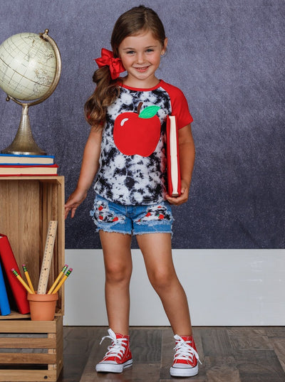 Back To School Apple Tie Dye Patched Denim Short Set | Mia Belle Girls
