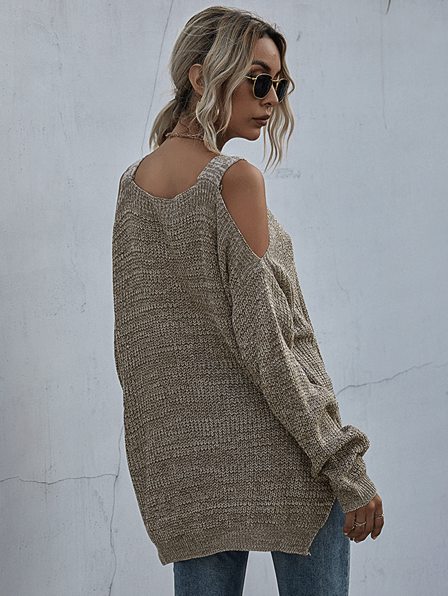 Women's Cold Shoulder Loose Knit Long Sleeve Sweater Taupe