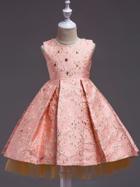 Little Girls Party Dresses | Gold Embroidered Brocade Pleated Dress