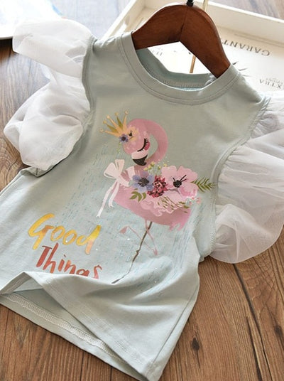 Toddler Casual Spring Tops | Girls Sequin Design Tulle Sleeve Tee