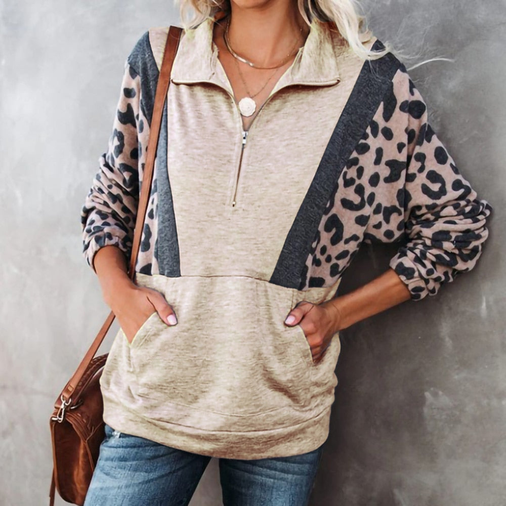 Women's Leopard Color Block Quarter-Zip Sweater - Mia Bell Girls