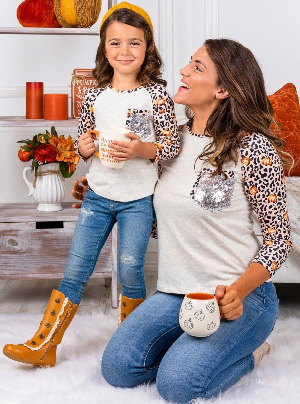 Mommy and Me Matching Tops | Pumpkin Leopard Sleeve Top | Girls Boutique 