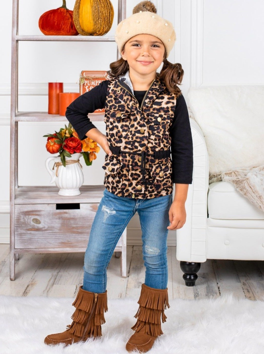 Mommy and Me Matching Outfits | Black Top & Leopard Hoodie Vest Set