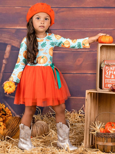 Girls Pumpkin Leaves Print Bow Tutu Dress Mint
