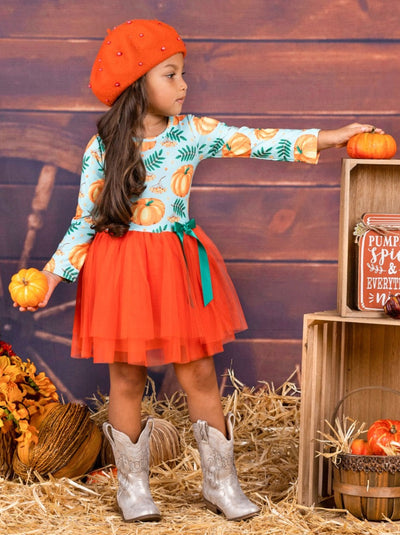 Girls Pumpkin Leaves Print Bow Tutu Dress Mint