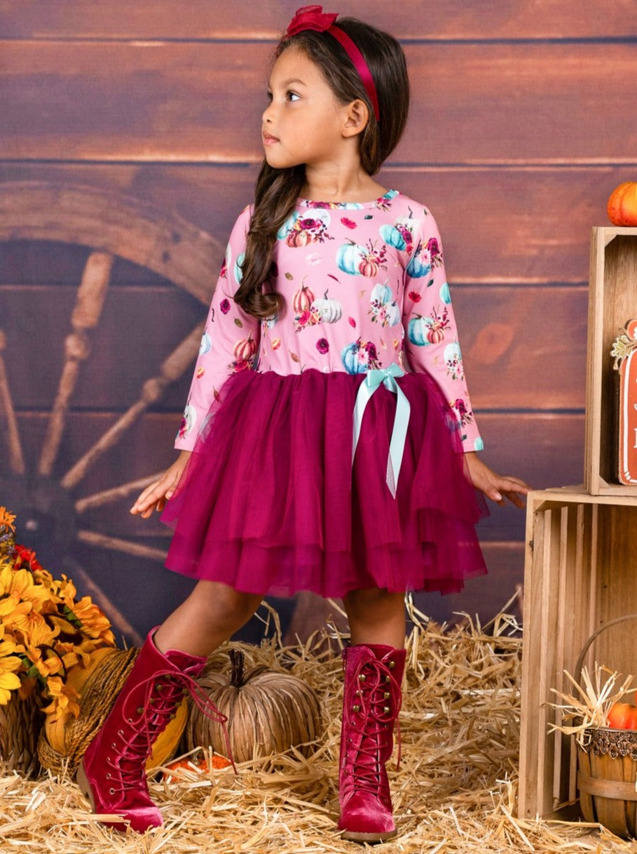 Girls Casual Fall Dresses | Cute Pumpkin Florals Print Tutu Dress