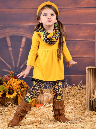 Little girls fall long-sleeve tunic with pom-pom tassel hem, leopard/floral print leggings, and a matching infinity wrap scarf - Mia Belle Girls